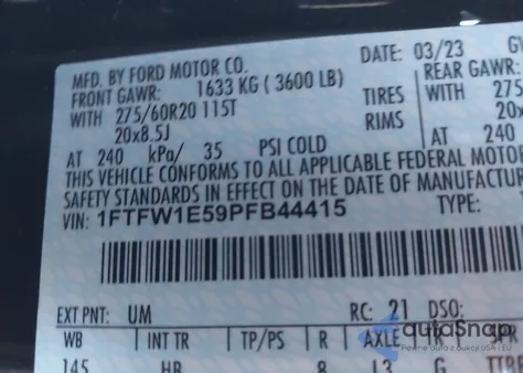 2023 Ford F-150 Lariat z USA, uszkodzony, nr VIN 1FTFW1E59PFB44415